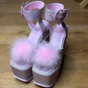 Dolls Kill Pink Fluffy Heart Platform Sandals